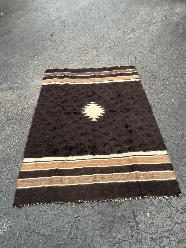 1900s ANTIQUE TURKISH ANATOLIAN DEVAN GOAT HAIR COVER RUG BROWN MOHAIR 4x6’ gallery