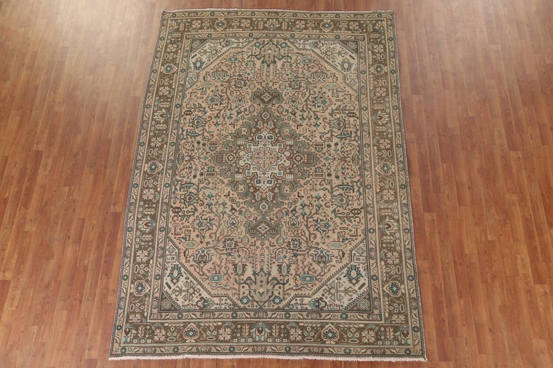Vintage Geometric Peach Tebriz Area Rug 7x9 Hand-knotted Living Room Carpet gallery
