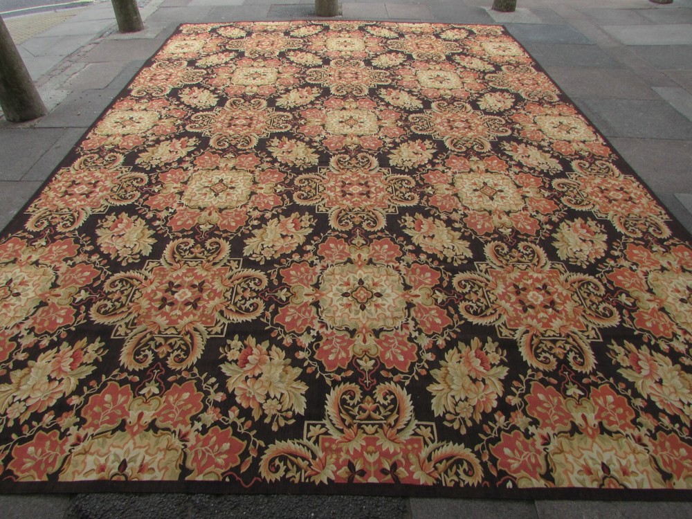 Vintage Hand Made French Design Wool Black Orange Original Aubusson 441x310cm
