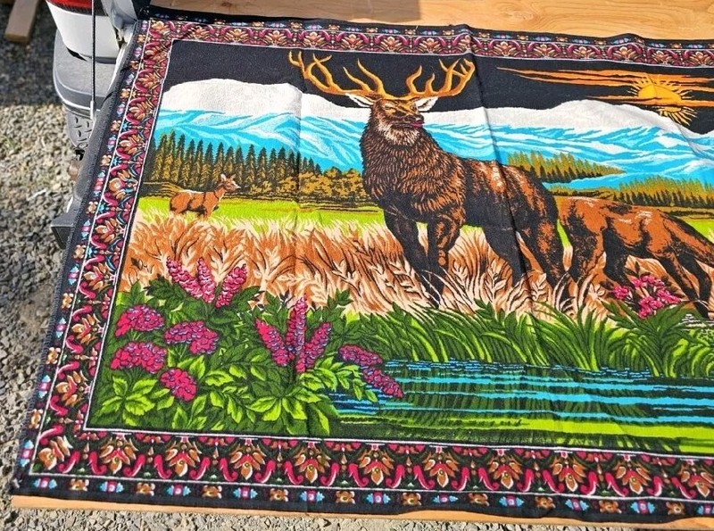 Vtg Cotton Tapestry Wall Hanger Elk Wildlife Mountain Scene ~ Made in Turkey gallery