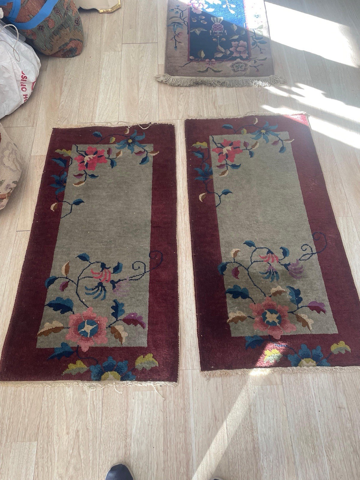 Matched Pair Antique 1920s Chinese Art Deco Rugs 2x4 Sage Green Burgundy Floral gallery