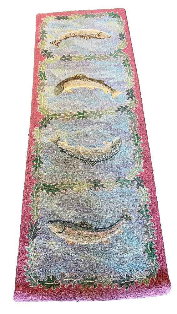 PRICE DROP! Vintage Hand Woven Wool Rug Fishing Motif