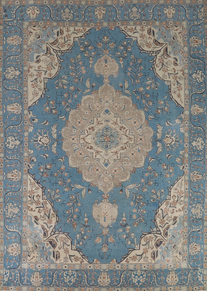 Blue Room Size Area Rug 9x13 Over-Dyed Wool Handmade Floral Classic Carpet