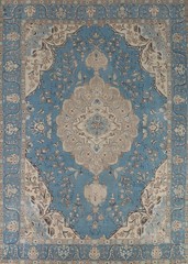 Blue Room Size Area Rug 9×13 Over-Dyed Wool Handmade Floral Classic Carpet