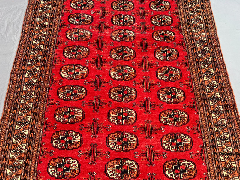 4x5'3ft Turkoman Bokhara All-Over Elephant Foot Gul Handknotted Wool Vintage Rug gallery