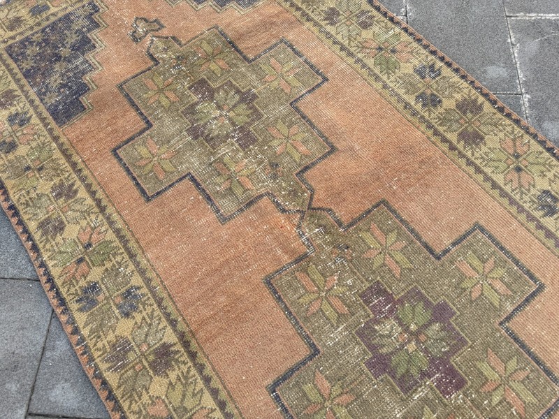 Handmade Oushak Rug 4.5x8.6 Ft Peach Blue Vintage Turkish Wool Area Carpet gallery