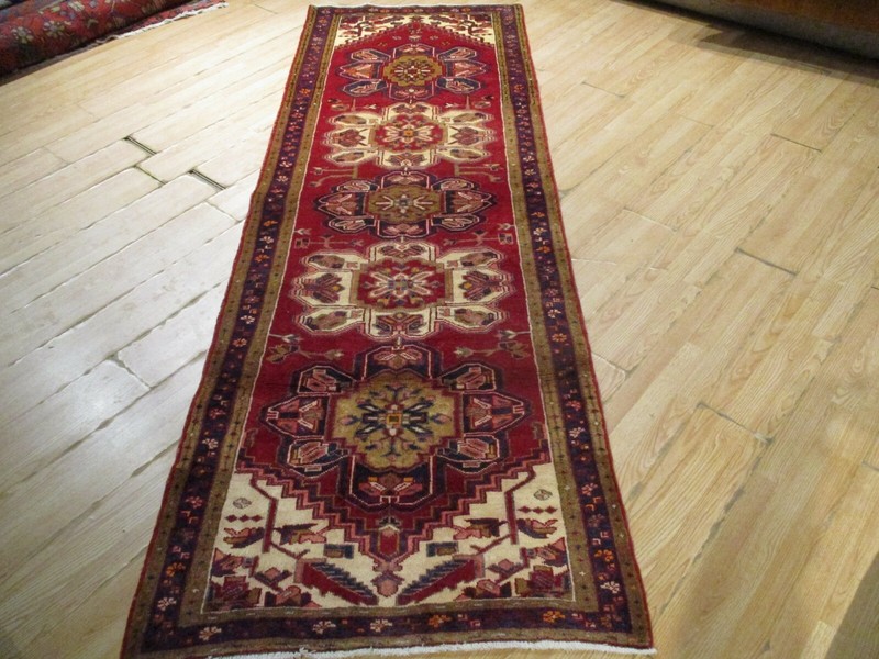 ESTATE 10 FEET RUNNER Circa 1950 VEGETABLE DYE HANDMADE-KNOTTED WOOL RUG H-187 gallery