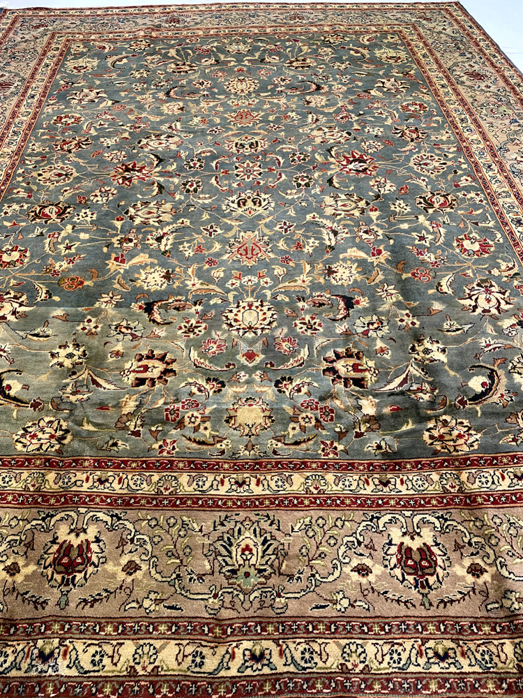Antique Oriental Hand-Knotted Wool Area Rug Blue/Ivory/Grey/Red 10' x 12'10"