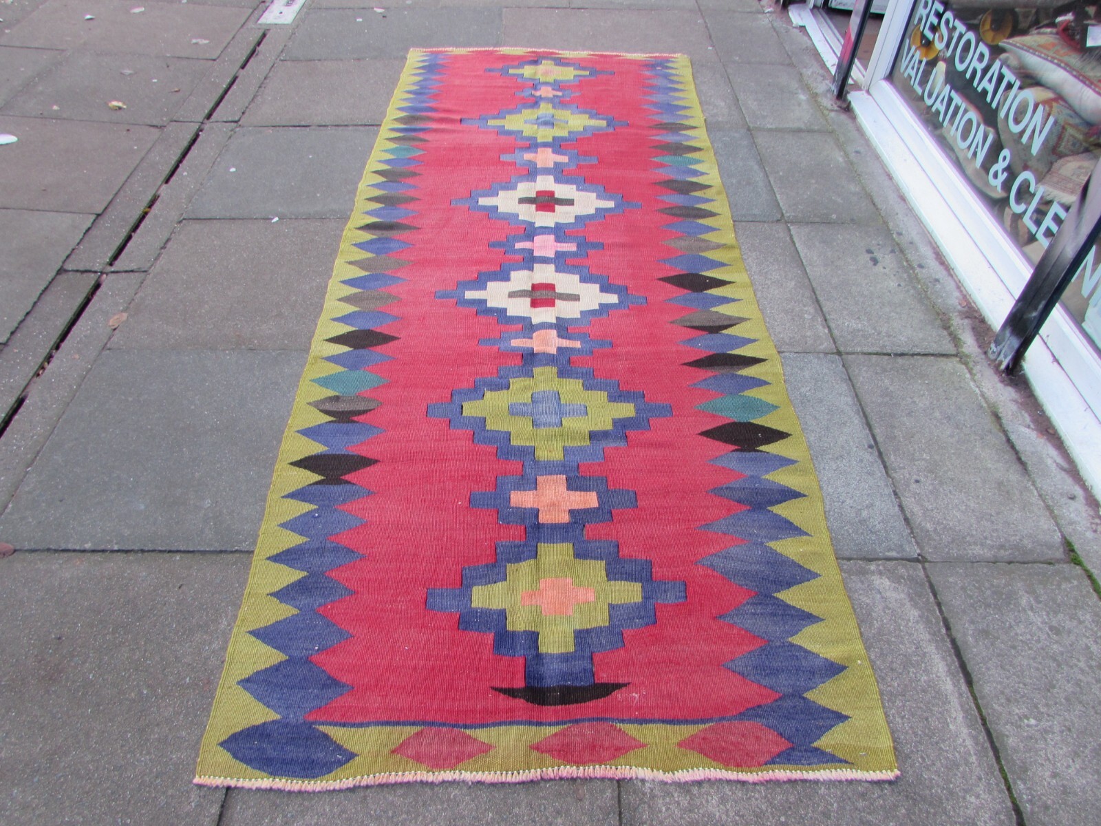 Vintage Traditional Hand Made Oriental Wool Green Red Long Kilim 291x113cm gallery