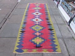Vintage Traditional Hand Made Oriental Wool Green Red Long Kilim 291x113cm