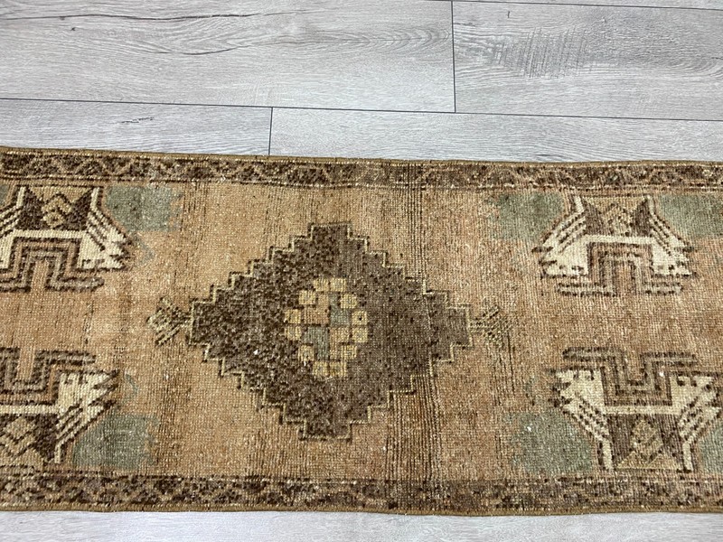 Turkish Nomadic Runner Carpet 1.4x3.7 Ft Hand Knotted Vintage Distressed Rug gallery