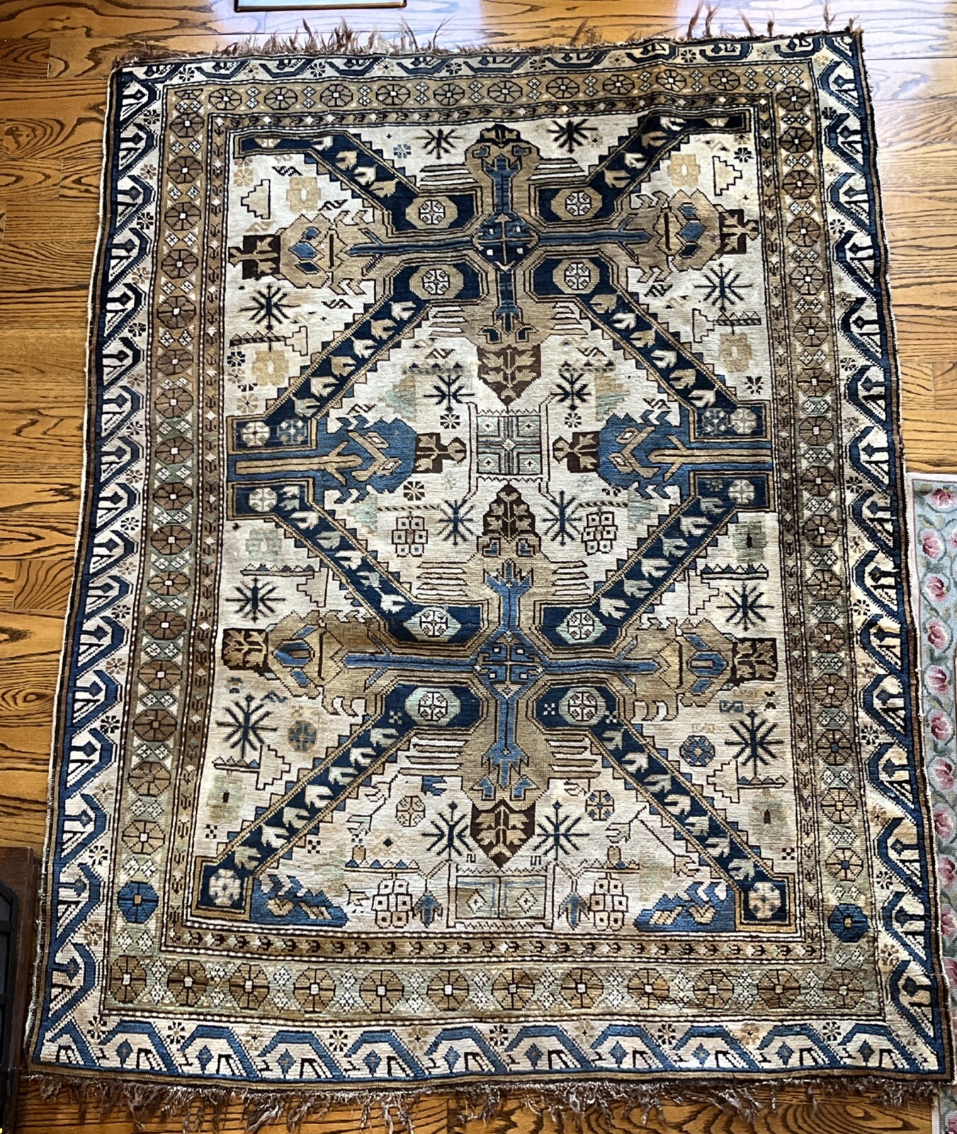 Antique Vintage Wool Rug Blue Brown Beige Black 5 1/2 x 4 Ft. 64” x 49” gallery
