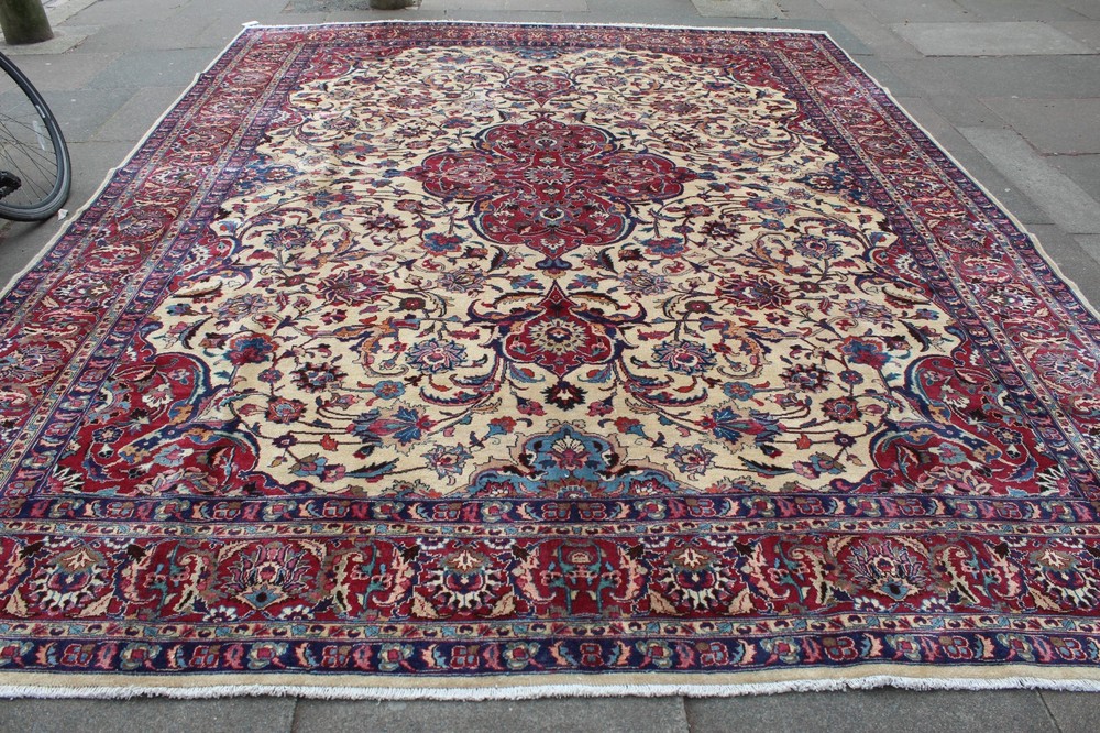 Vintage Worn Hand Made Traditional Oriental Wool White Large Carpet 381x295cm