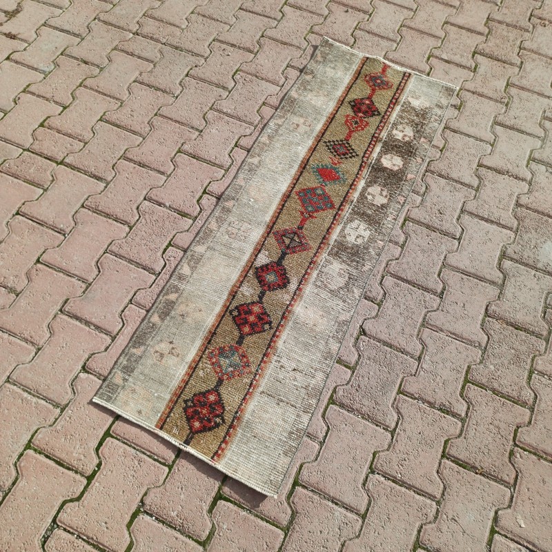 2x5 ft Faded Beige Vintage Turkish Wool Runner With Teal Accents - Tariff Free gallery