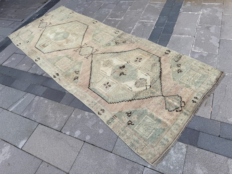 Vintage Turkish Oushak Runner Rug 4.2x11.2 ft Sage Green Hallway Rug gallery