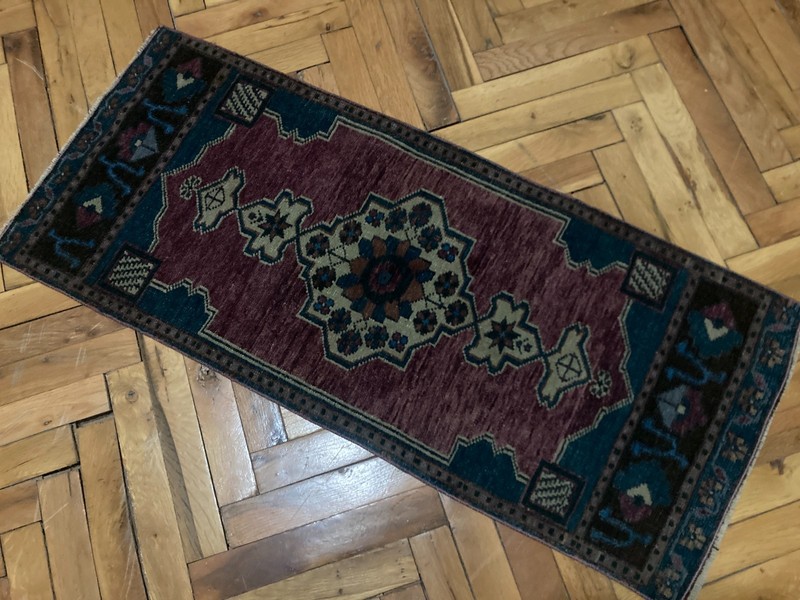 Anatolian Handmade Turkish Boho Rug 1.4x3.2 ft Vintage Purple Blue Tribal Carpet gallery