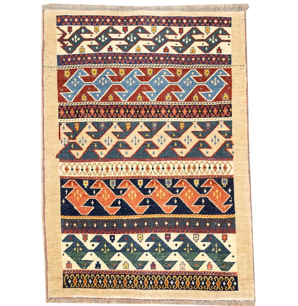 Vintage Distressed Tribal Striped Wool Oriental Rug Entryway Carpet 3’5x4’0 Ft gallery