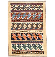 Vintage Distressed Tribal Striped Wool Oriental Rug Entryway Carpet 3’5×4’0 Ft