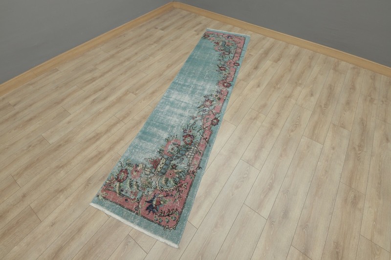 Turquoise Runner Rug Anatolian Oriental Handmade Vintage Floral Carpet 2x10 ft gallery