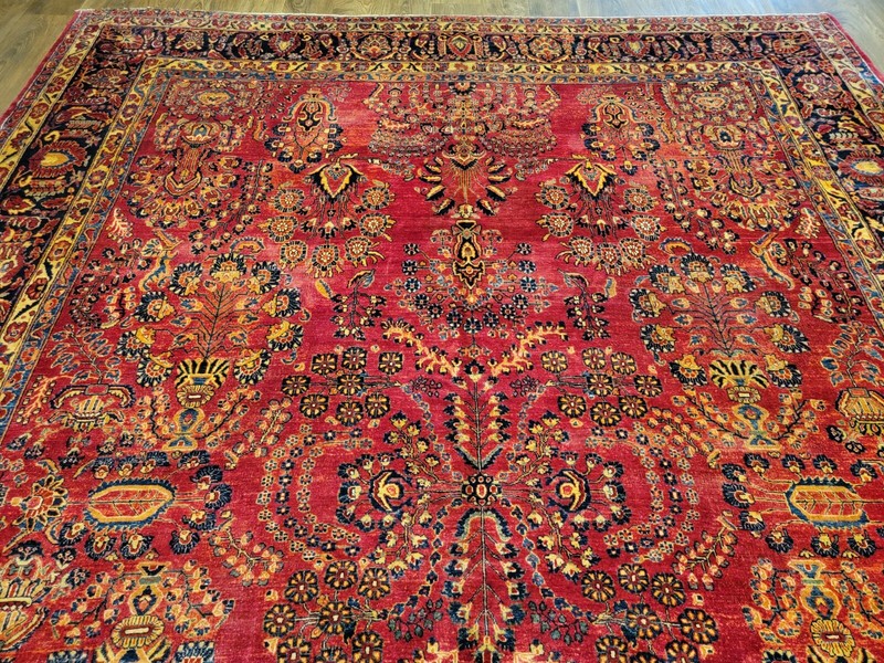 Antique hand knotted traditional design Sarouk rug size 10'2"×13' deep red gallery