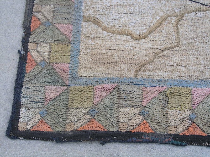 19th C Large American Pictorial Hooked Rug on Burlap Doves Tree Branches 6x9 ft gallery