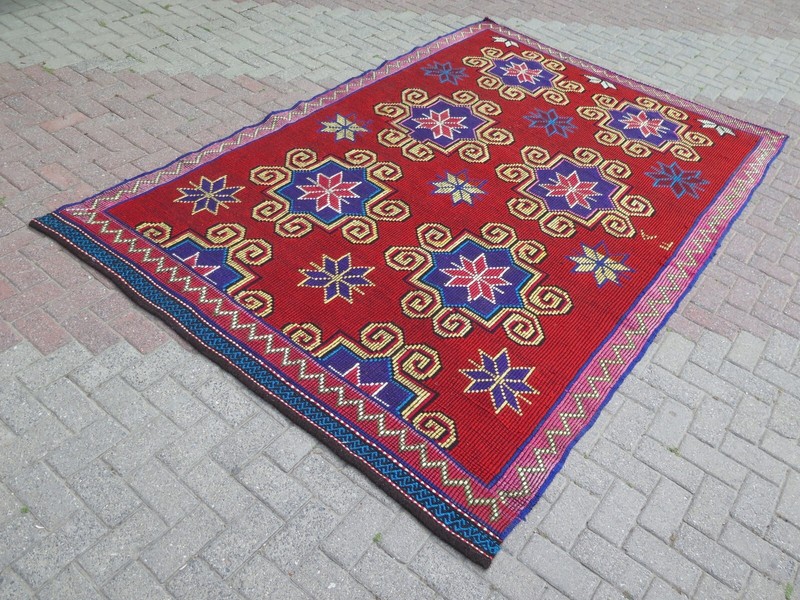 Crimson Red Large Floral Vintage Carpet, Turkish Handwoven Boho Rug 79"x120" gallery