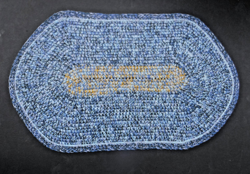 Handmade~Crocheted Yarn~Rag~Rug 20x34" Oblong~Farmhouse~Primitive~Lays Flat~Vtg gallery
