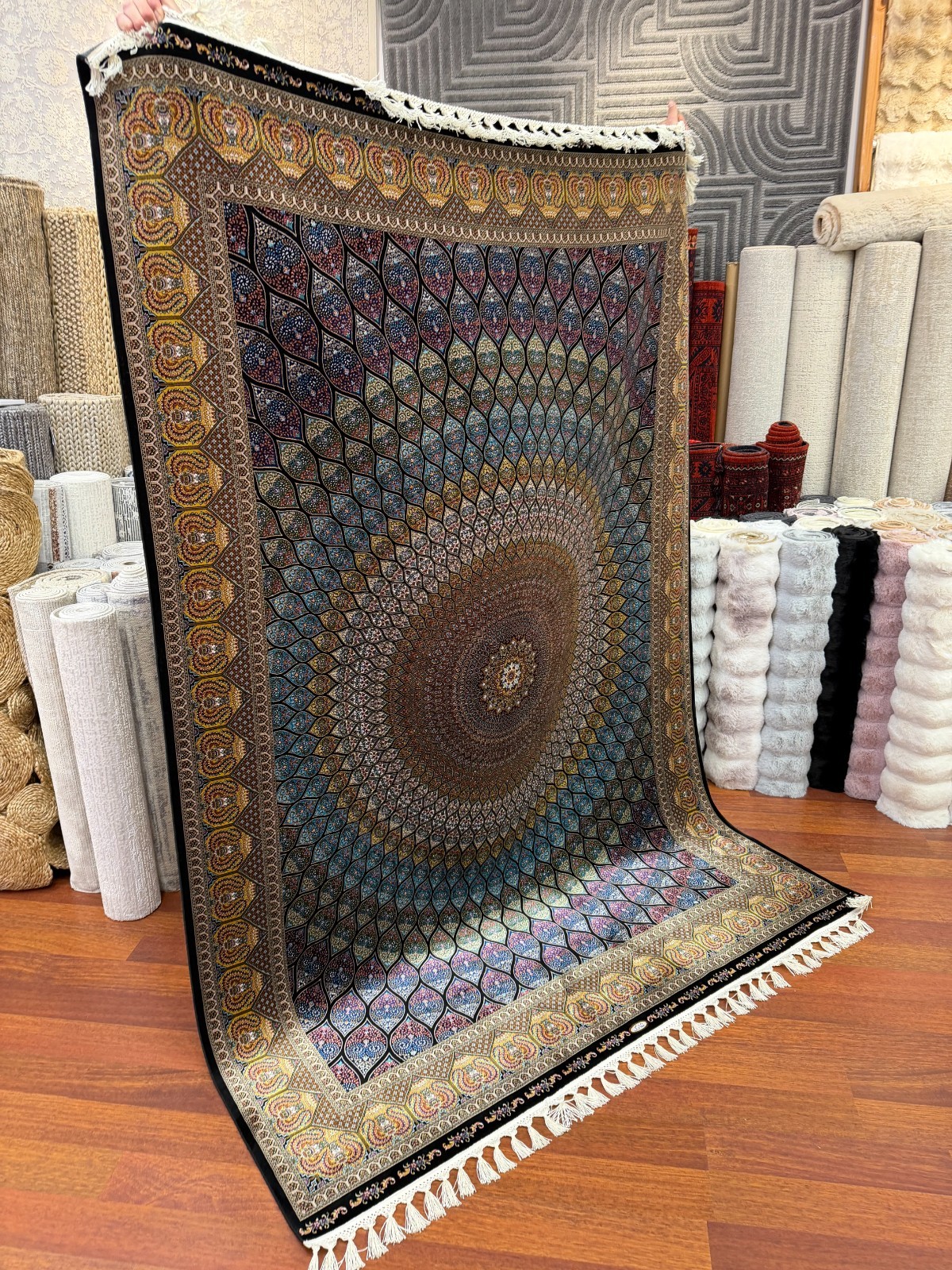 Turkish Silk Look Rug 8x11f Peacock Design Mandala 3D Effect Luxury Oriental rug gallery