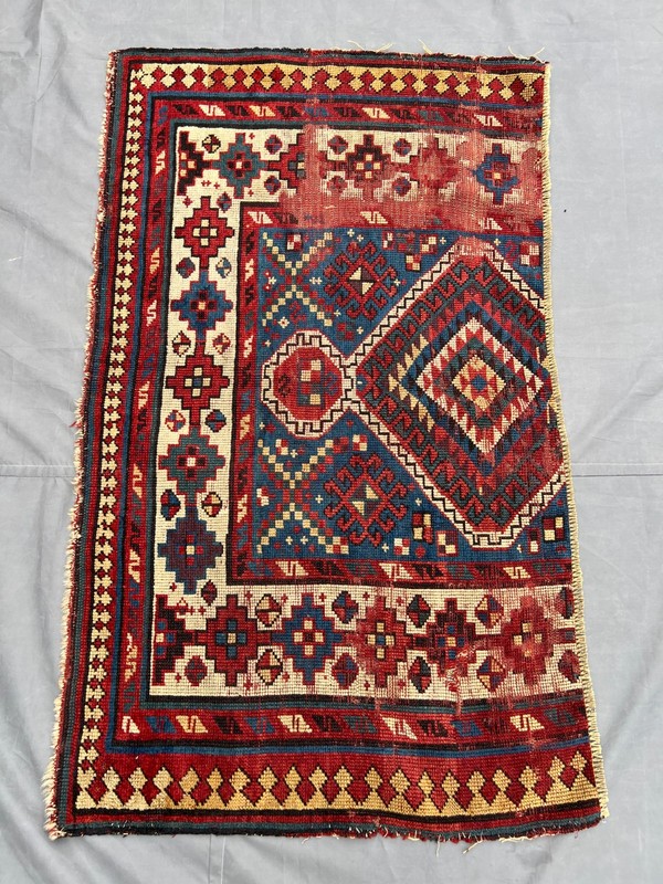 Red Blue Turkish Tribal Rug 4x5 ft Hand Knotted Vintage Distressed Boho Carpet gallery