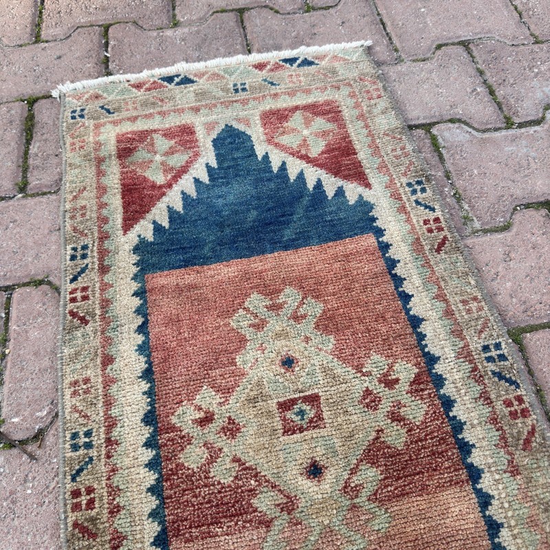 Blue Terracotta 1x3 ft Vintage Turkish Wool Rug - Tariff Free gallery