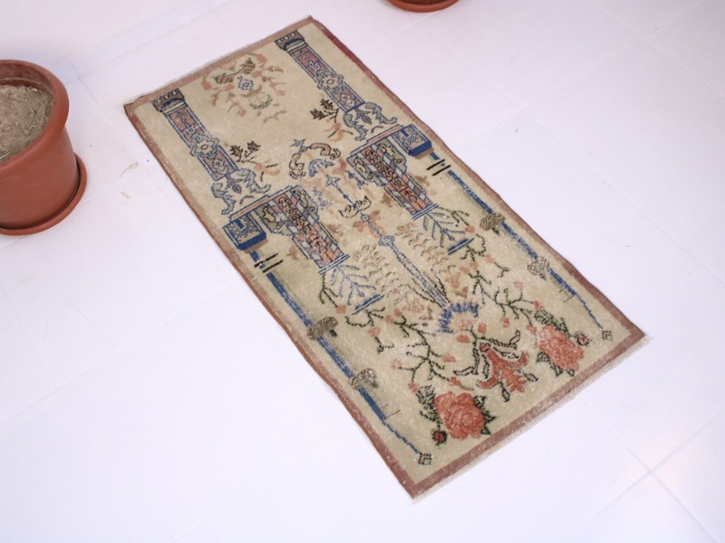 2.0x4.4 ft Turkish Handmade Door Mat Rug | Beige Blue Vintage Small Carpet gallery