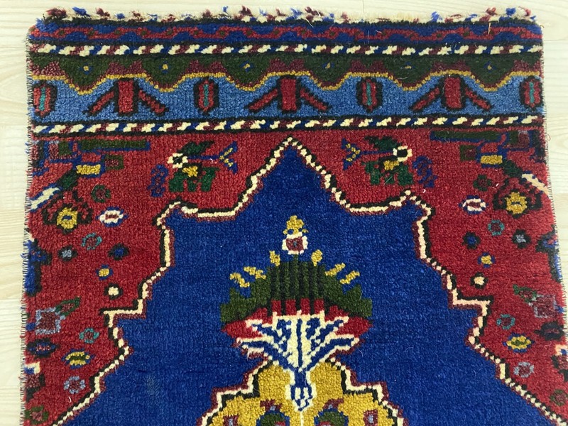 Antique Turkish Rug 1.3x2.2 ft Vintage Small Mat Navy Blue Gold Wool Boho Rug gallery