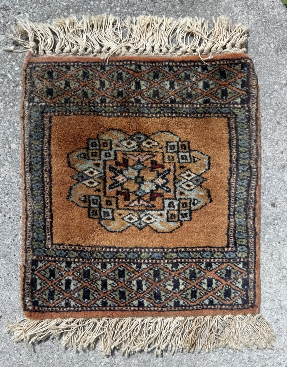Vintage Tribal Turkish Handmade Wool Orange Small Rug 16+13” gallery