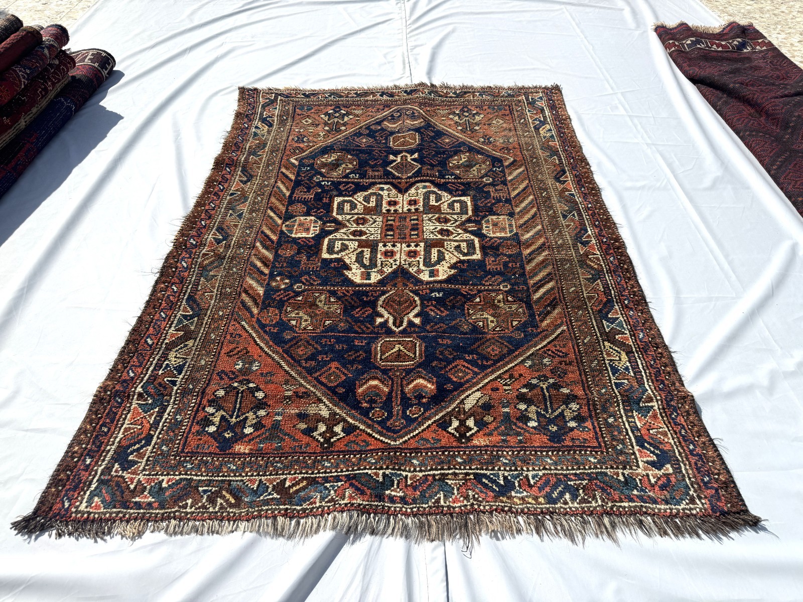 1920s Terracotta Muted Caucasian Red Rug 4x5 Blue Geometric Faded Persian Carpet gallery