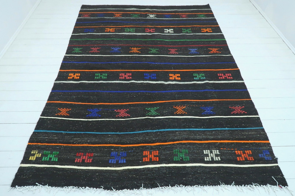 Black Striped Vintage Turkish Kelim, Handwoven Tirbal Large Carpet Rug 79"x111"