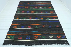 Black Striped Vintage Turkish Kelim, Handwoven Tirbal Large Carpet Rug 79″x111″