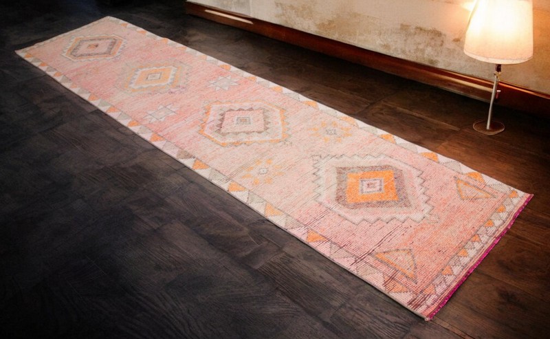 Turkish Runner Rug HandMade Wool Long Hallway Rug PINK Kitchen Decor 3x12.3 ft gallery