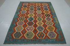 5×7 ft Red Afghan Hand Woven Wool Reversible Kilim Rug