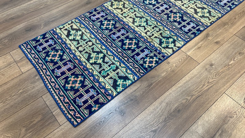Patchwork Blue Runner Rug, Kitchen Rug, Hallway Rug, 2.6 x 10.8 ft gallery
