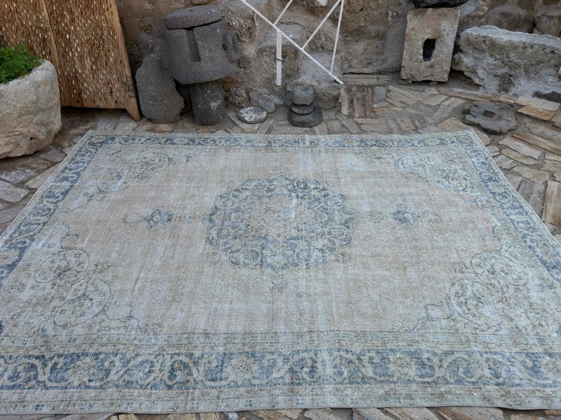 Hand-Woven Medallion Turkish Rug 7x10 Blue Large Wool Carpet Muted for Saloon gallery
