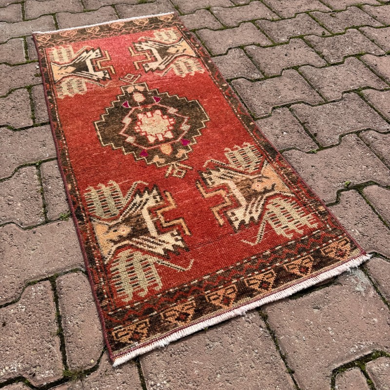 Rust Red 1x3 ft Turkish Wool Accent Rug With Ivory Animal Motifs - Tariff Free gallery