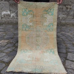 Turkish Vintage Small Pastel Rug 45cm x 85cm Wool Bath Mat Rug 1.48 x 2.79 ft