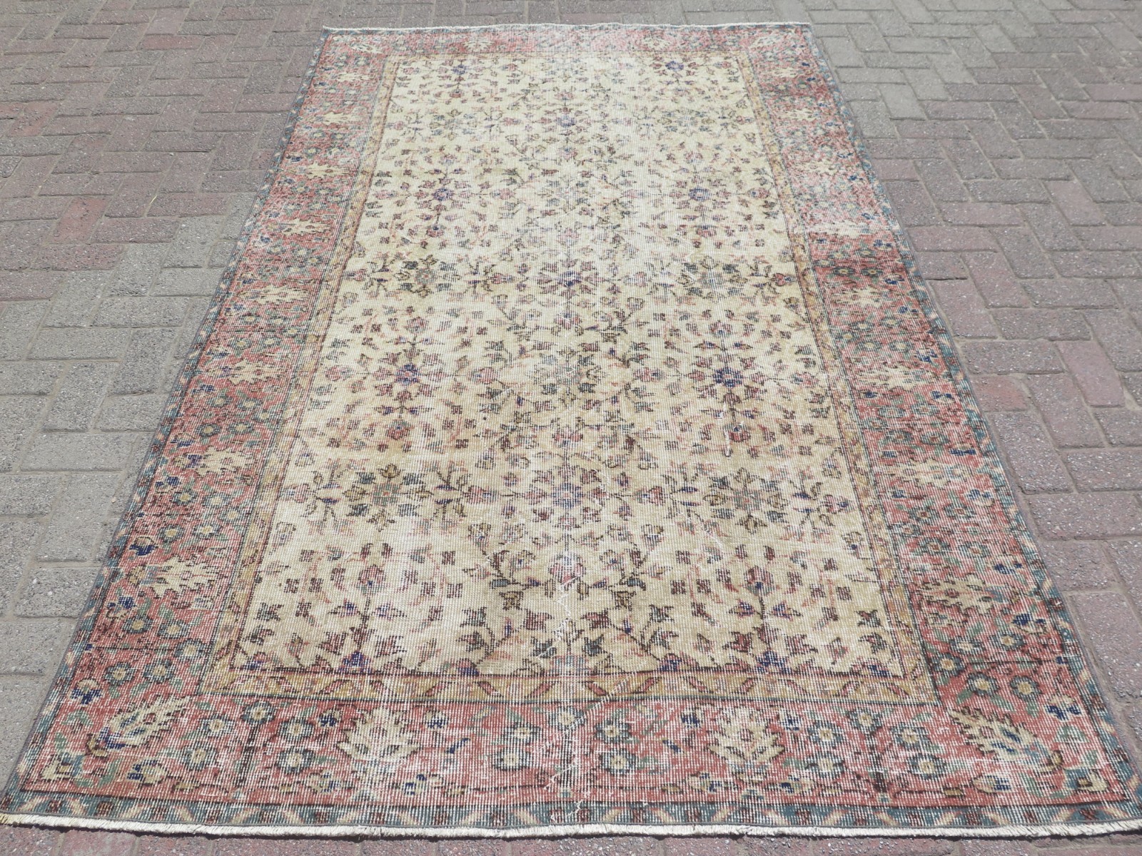 Soft Pink & Beige Large Distressed Vintage Carpet, Handwoven Turkish Rug 63"x96" gallery
