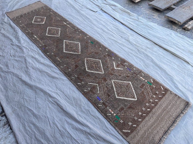 Vintage Afghan Geometric Runner Rug Handmade Wool Faded Tribal Rare Hallway Rug gallery