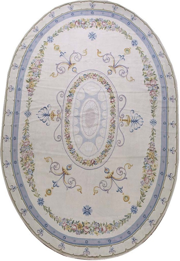 8'x11' Antique Late 19th Century Oval French Aubusson Room Size Carpet Rug