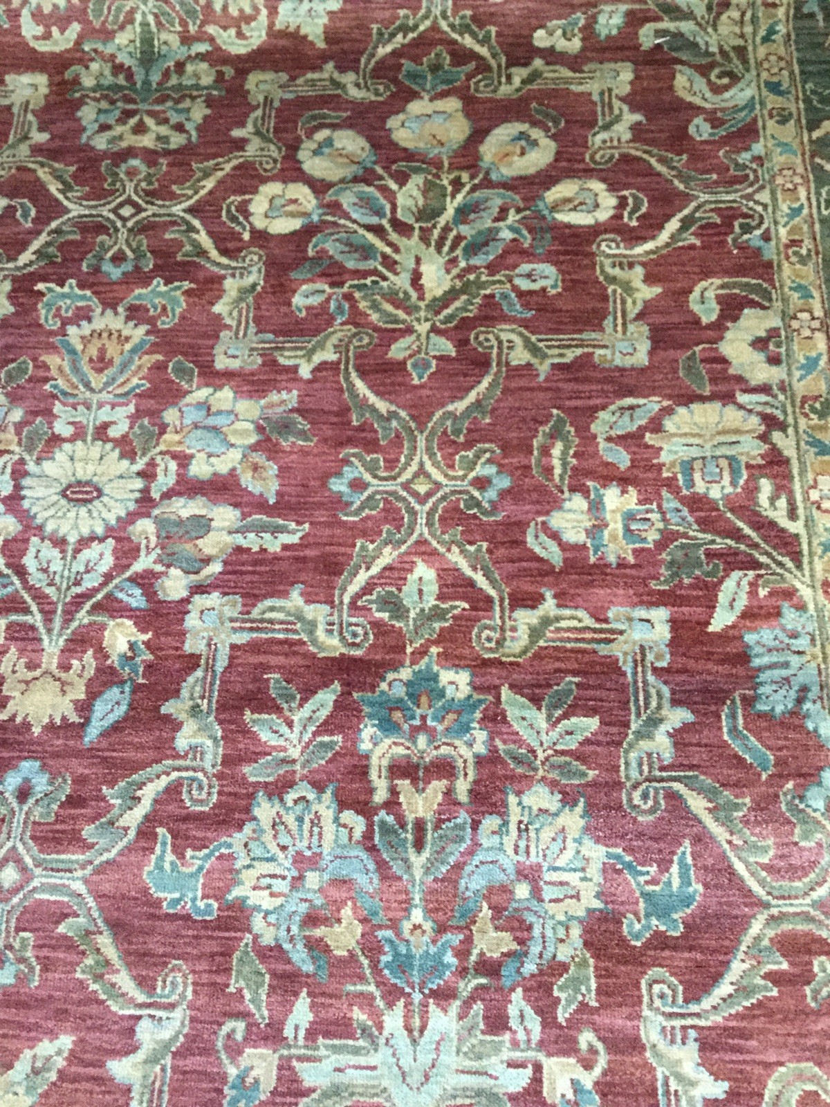 100% Wool Antique Rug, Handmade in India, 9'x12', with fringing on edge. gallery