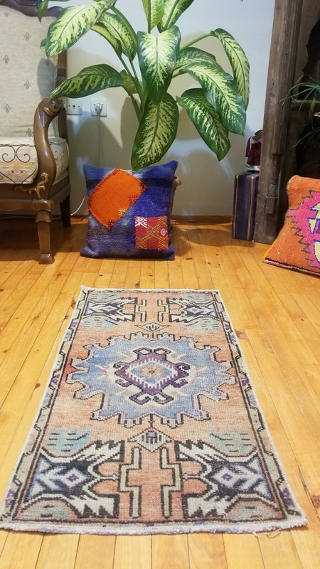 Primitive Antique 1900-1930's Wool Pile,Vegy DyeTribal Rug 1'6'' x 3' gallery