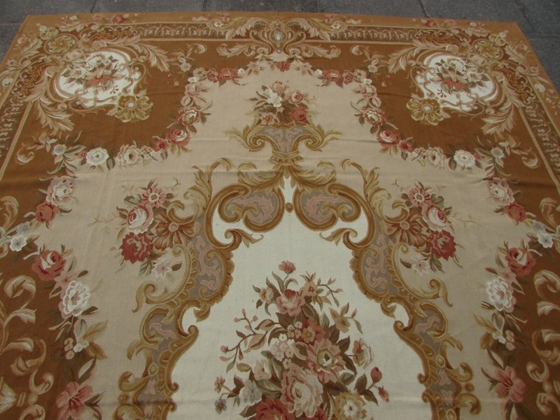 Vintage Hand Made French Design Wool Brown Beige Original Aubusson 375X263cm gallery