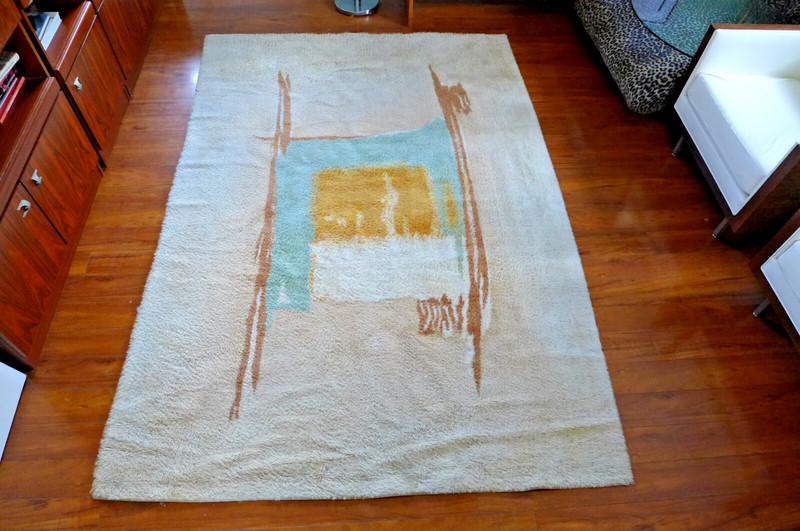 Danish Abstract Rya Rug Vintage Hand Knotted Wool Rug 8.5 x 6 ft Ege Blue Yellow gallery