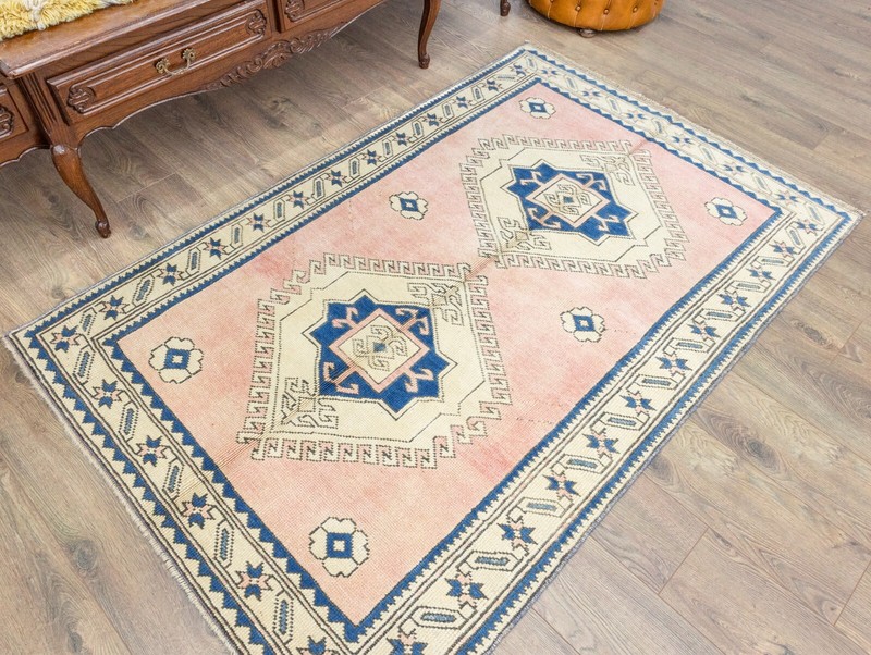 Turkish Oushak Wool Rug 4.2x6.5 ft – Faded Blush & Indigo – Japandi Entry Decor gallery